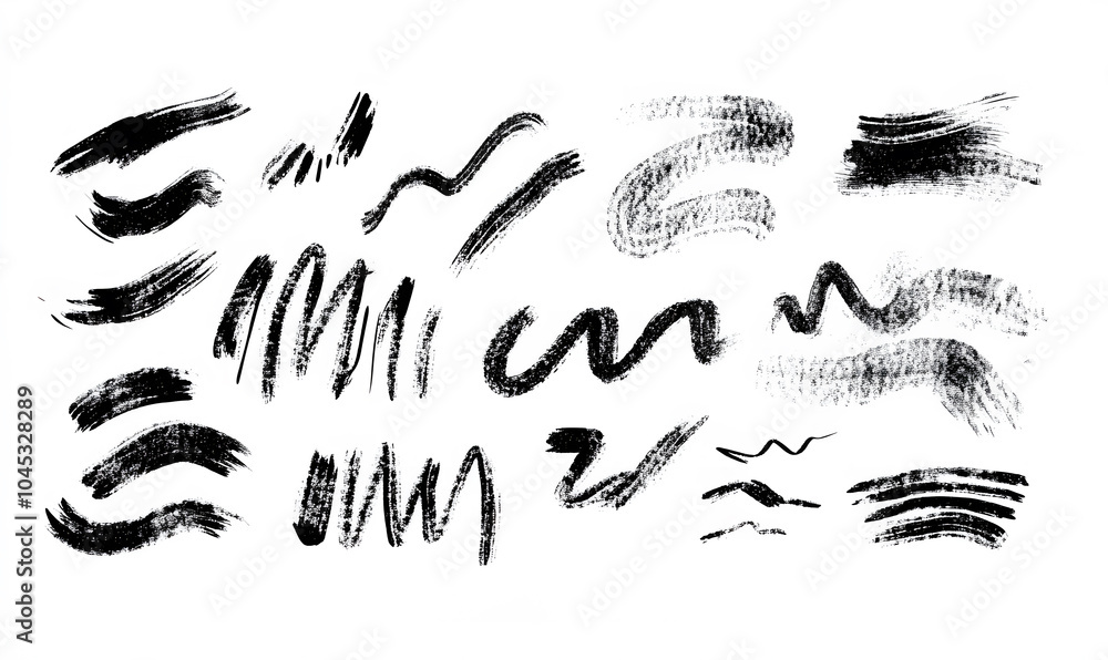 Hand drawn collection of Black Charcoal pencil squiggles, rough brush strokes, scribbles, bold zigzag line and swirls isolated on white background Hand drawn collection of Black Charcoal pencil squiggles, rough brush strokes, scribbles, bold zigzag line and swirls isolated on white background