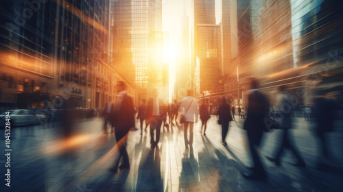 abstract motion blur image of business people crowd walking at corporate office in city downtown, blurred background, business center concept, Cinematic color tone