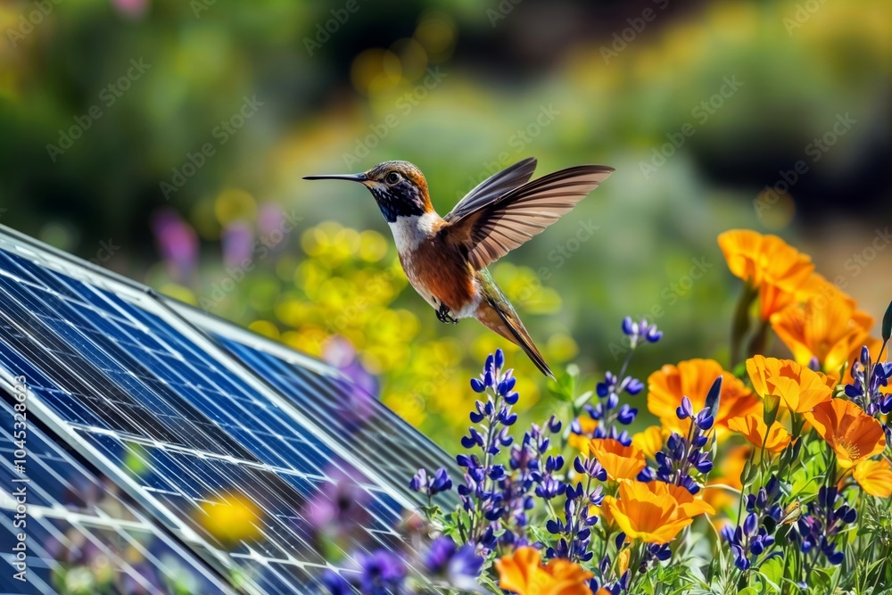 Fototapeta premium Hummingbird Harmony. A vibrant hummingbird hovers near a solar panel, surrounded by colorful flowers.