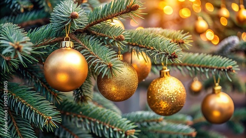 Christmas background with golden balls on spruce branches created with Medium Shot