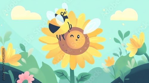 Cheerful bees buzzing around a smiling sunflower in a bright, colorful garden.