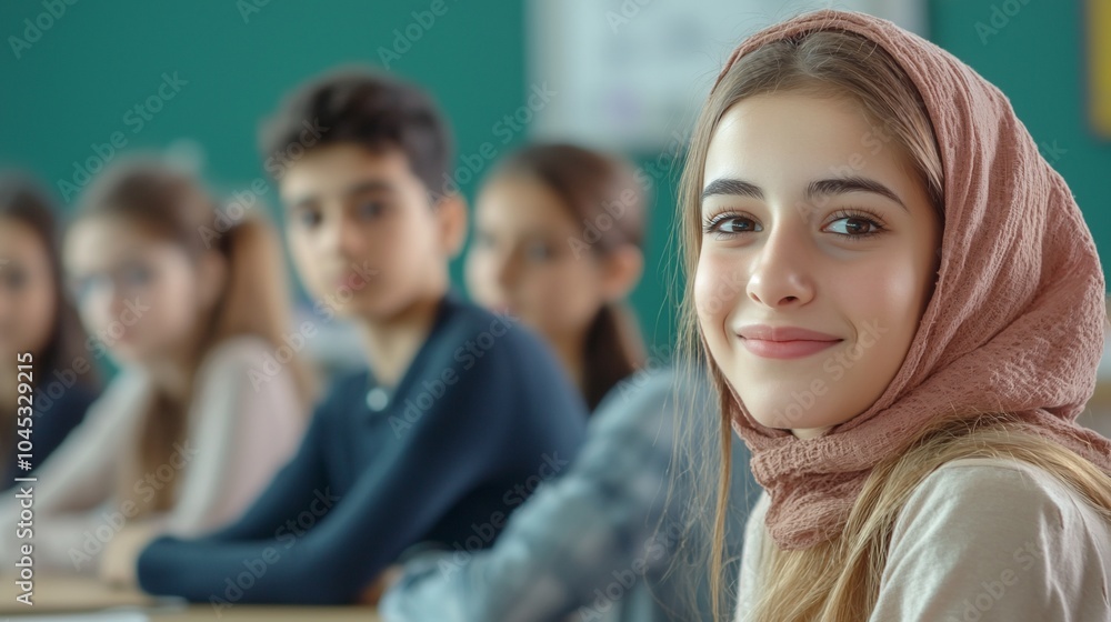 A smiling girl in a classroom with peers in the background. A smiling girl in a classroom with peers in the background.