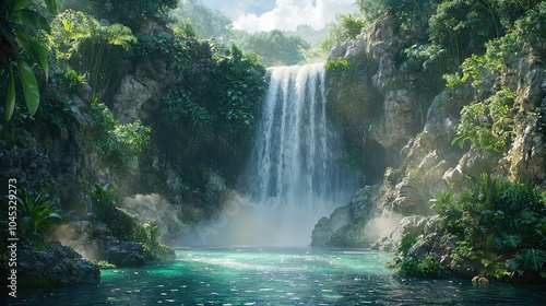Majestic Waterfall Cascading from Rocky Cliff