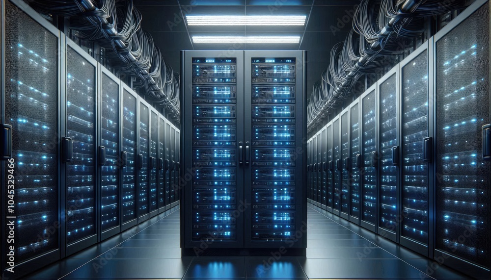 Realistic Image of a High-Tech Data Center with Black Server Racks and Blinking Blue LEDs Representing Artificial Intelligence in Data Management, Cloud Storage, and Processing Realistic Image of a High-Tech Data Center with Black Server Racks and Blinking Blue LEDs Representing Artificial Intelligence in Data Management, Cloud Storage, and Processing