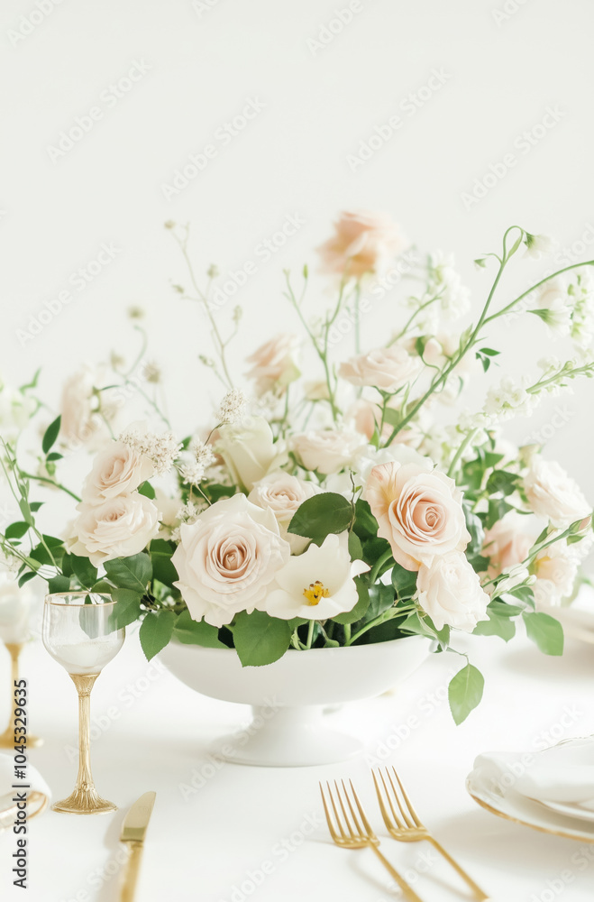 Beautiful bouquet of delicate creme garden roses in a round vase on the table Beautiful bouquet of delicate creme garden roses in a round vase on the table