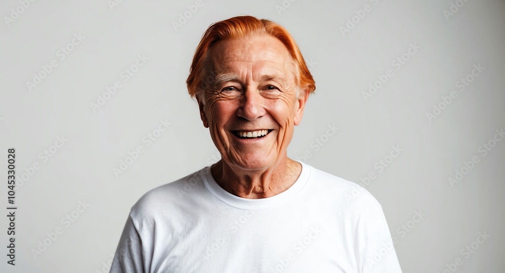redhead elderly man white background wearing plain white tshirt smiling happy portrait redhead elderly man white background wearing plain white tshirt smiling happy portrait