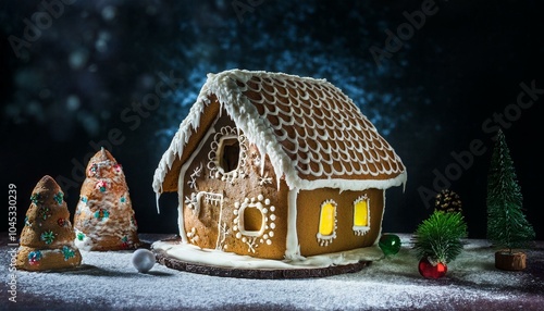 A gingerbread house in a Christmas decoration; celebrating Christmas with building a gingerbread house with family; Christmas photography; selective focus; blurred background; editable gingerbread photo