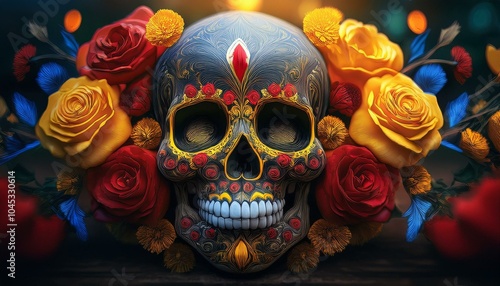 A colorful decorated skull with flowers surrounding the skull; a Mexican skull decorated in floral and colorful motifs with flowers all around; dia de la muertos or day of the dead; ritual photography