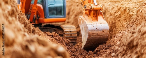 Excavator in trench digging operation, industrial and professional, [excavator , trench , trench digging], ,