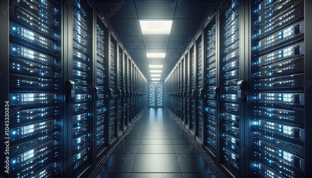 Fototapeta premium Realistic Image of a High-Tech Data Center with Black Server Racks and Blinking Blue LEDs Representing Artificial Intelligence in Data Management, Cloud Storage, and Processing