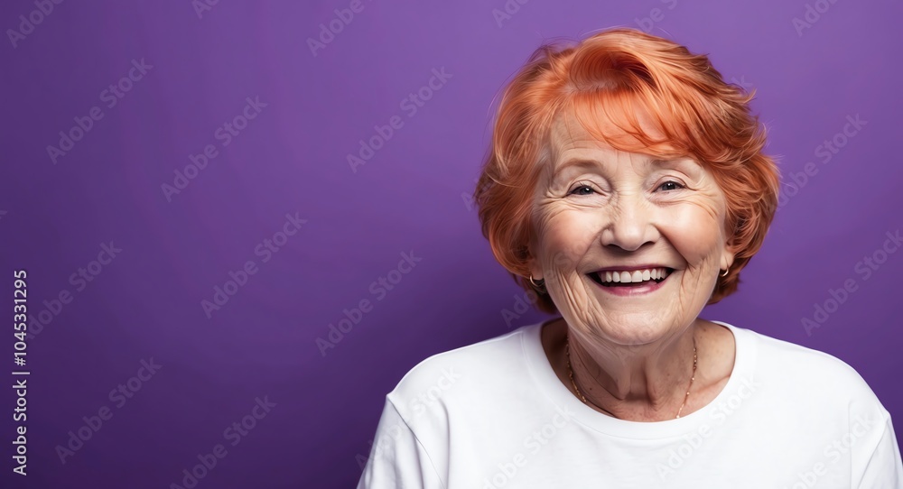 redhead elderly woman purple background wearing plain white tshirt smiling happy portrait redhead elderly woman purple background wearing plain white tshirt smiling happy portrait