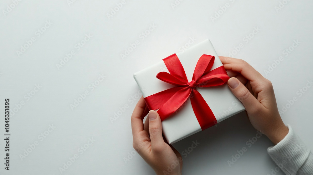 A person wrapping a red ribbon around their gift box, adding an extra touch of elegance and personalization to the present on a white background for Valentine's Day.
A person wrapping a red ribbon around their gift box, adding an extra touch of elegance and personalization to the present on a white background for Valentine's Day.
