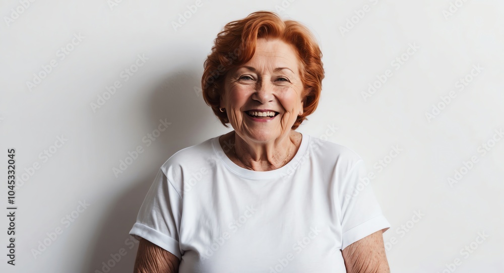 redhead elderly woman white background wearing plain white tshirt smiling happy portrait redhead elderly woman white background wearing plain white tshirt smiling happy portrait