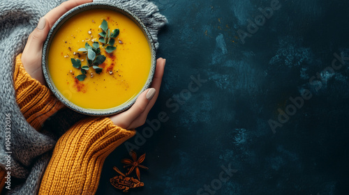 A person holding up an exquisite bowl of pumpkin soup with a grey cloth