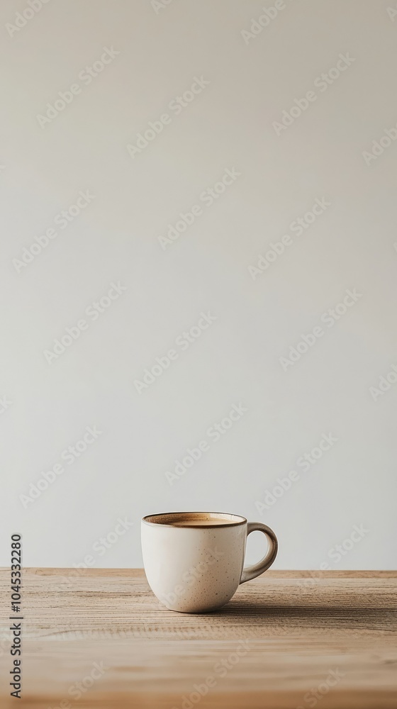 Minimal Wooden Table with Coffee Cup on Grey Background Minimal Wooden Table with Coffee Cup on Grey Background
