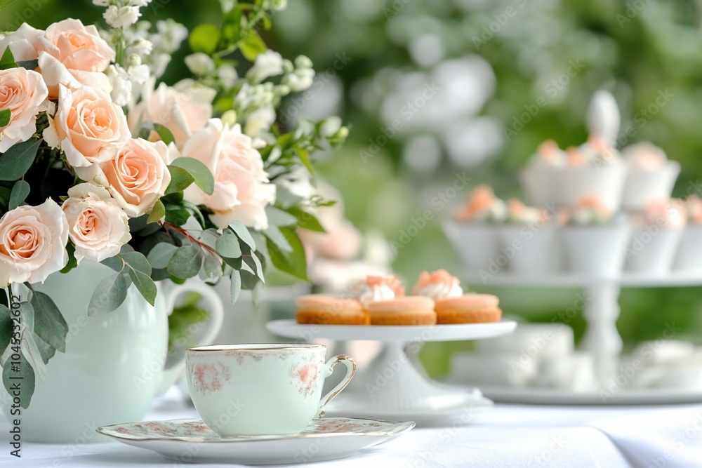 A charming tea setting with flowers and pastries for a social gathering. A charming tea setting with flowers and pastries for a social gathering.