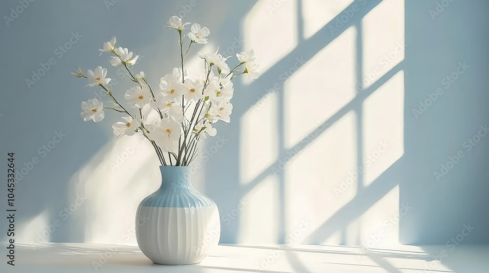 white vase and flowering branches on a white background in the sunlight white vase and flowering branches on a white background in the sunlight