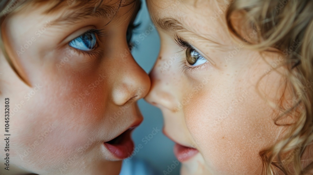 Close-up portrait of two young children with curly hair and freckles sharing an intimate, playful moment. Their wide, curious eyes and expressions showcase a bond of friendship and innocence Close-up portrait of two young children with curly hair and freckles sharing an intimate, playful moment. Their wide, curious eyes and expressions showcase a bond of friendship and innocence