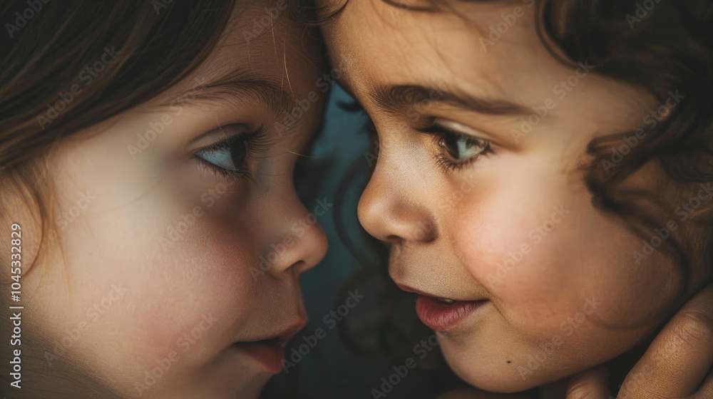 Close-up portrait of two young children with curly hair and freckles sharing an intimate, playful moment. Their wide, curious eyes and expressions showcase a bond of friendship and innocence Close-up portrait of two young children with curly hair and freckles sharing an intimate, playful moment. Their wide, curious eyes and expressions showcase a bond of friendship and innocence