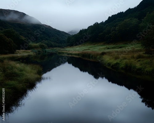 Still river reflecting forested hills