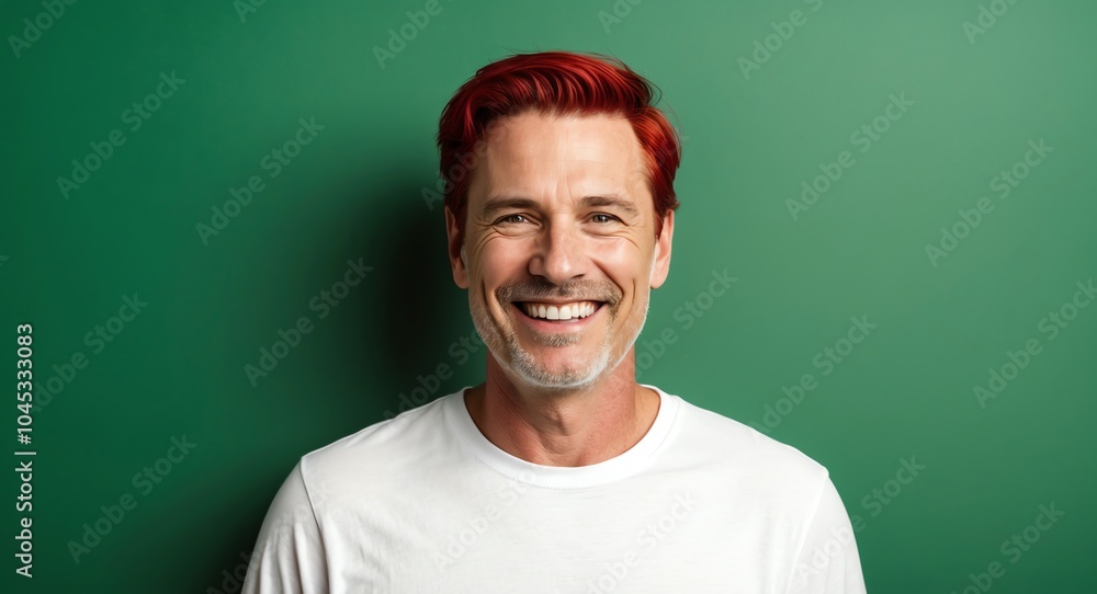 redhead mature guy green background wearing plain white tshirt smiling happy portrait redhead mature guy green background wearing plain white tshirt smiling happy portrait