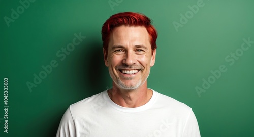 redhead mature guy green background wearing plain white tshirt smiling happy portrait