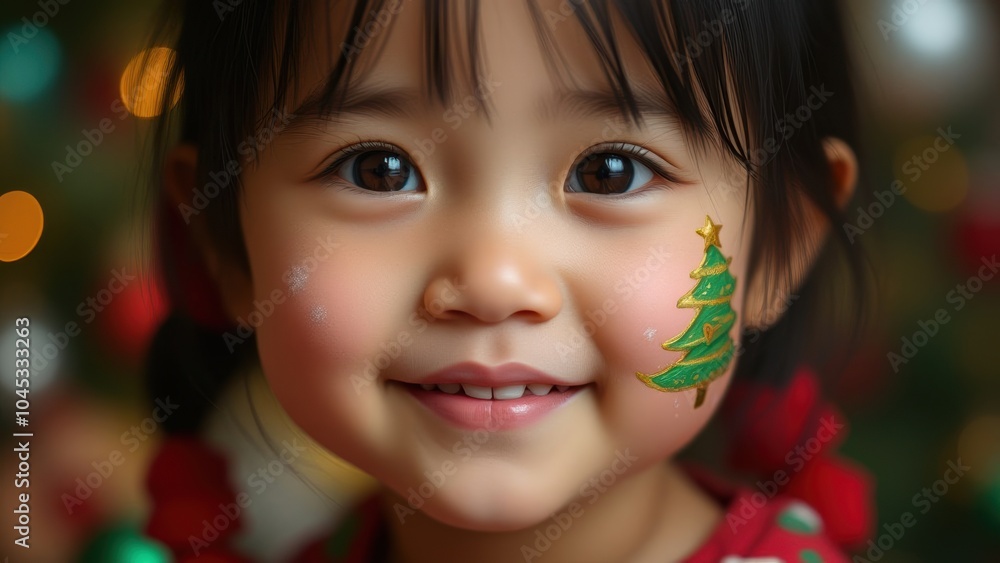 A smiling little girl from Vietnam features a painted golden and green Christmas tree on her cheek, set against a vibrant festive background that captures the joy and warmth of the Christmas season. A smiling little girl from Vietnam features a painted golden and green Christmas tree on her cheek, set against a vibrant festive background that captures the joy and warmth of the Christmas season.