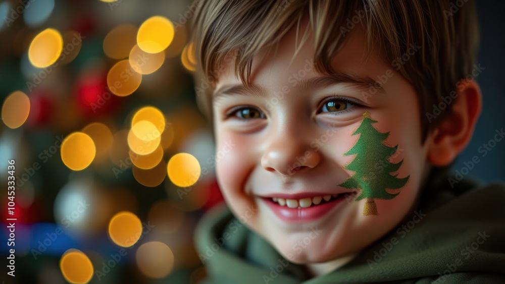 A smiling American little boy features a painted golden and green Christmas tree on his cheek, set against a vibrant festive background that captures the warmth and joy of the Christmas season. A smiling American little boy features a painted golden and green Christmas tree on his cheek, set against a vibrant festive background that captures the warmth and joy of the Christmas season.