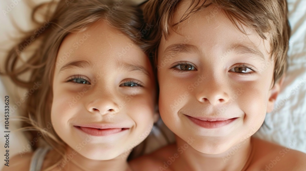 A close-up portrait of two siblings with curly hair , smiling softly while lying side by side. Their relaxed expressions and gentle features highlight a peaceful bond A close-up portrait of two siblings with curly hair , smiling softly while lying side by side. Their relaxed expressions and gentle features highlight a peaceful bond