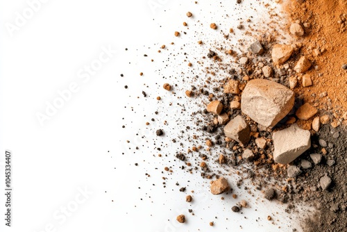 The image displays a variety of earth materials, including small rocks and dirt, arranged artfully against a white background.