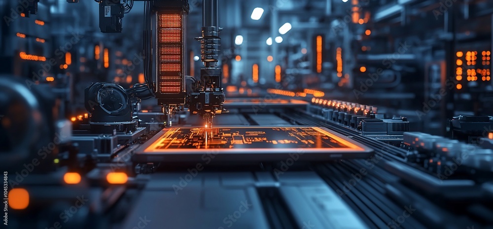 Close-up of a robotic arm in a futuristic factory setting, with a circuit board being assembled on a conveyor belt. Close-up of a robotic arm in a futuristic factory setting, with a circuit board being assembled on a conveyor belt.