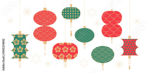 Chinese new year ornate lantern icons set. Geometric decorative vector illustration.