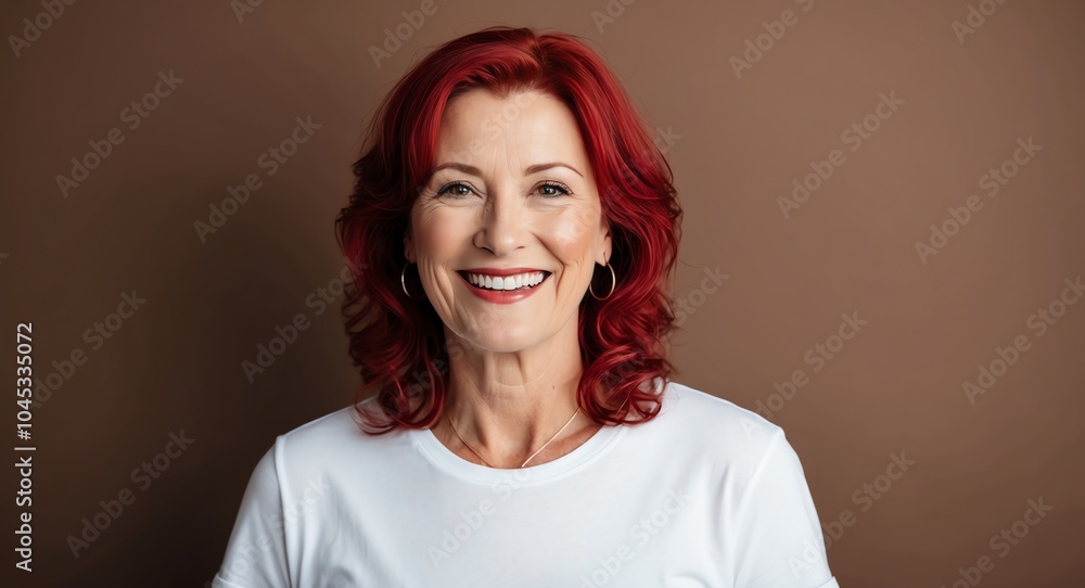 redhead mature woman brown background wearing plain white tshirt smiling happy portrait redhead mature woman brown background wearing plain white tshirt smiling happy portrait