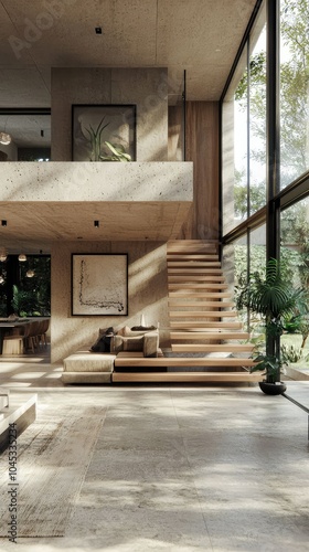 Modern Open Plan Living Space with Floating Staircase