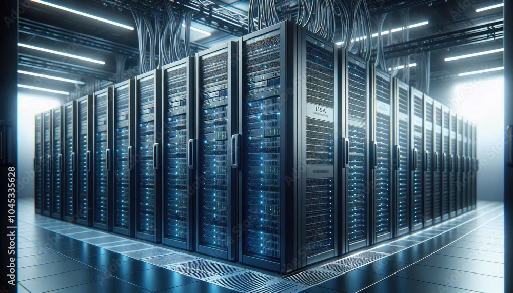 Realistic Image of a High-Tech Data Center with Black Server Racks and Blinking Blue LEDs Representing Artificial Intelligence in Data Management, Cloud Storage, and Processing Realistic Image of a High-Tech Data Center with Black Server Racks and Blinking Blue LEDs Representing Artificial Intelligence in Data Management, Cloud Storage, and Processing