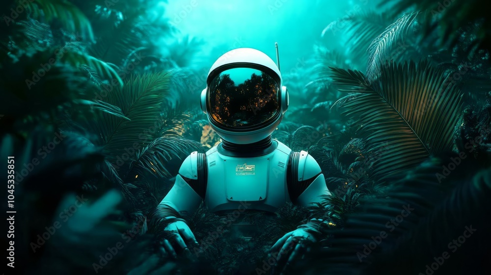 A robot explorer lost in a dense alien jungle, surrounded by strange, glowing flora and fauna A robot explorer lost in a dense alien jungle, surrounded by strange, glowing flora and fauna