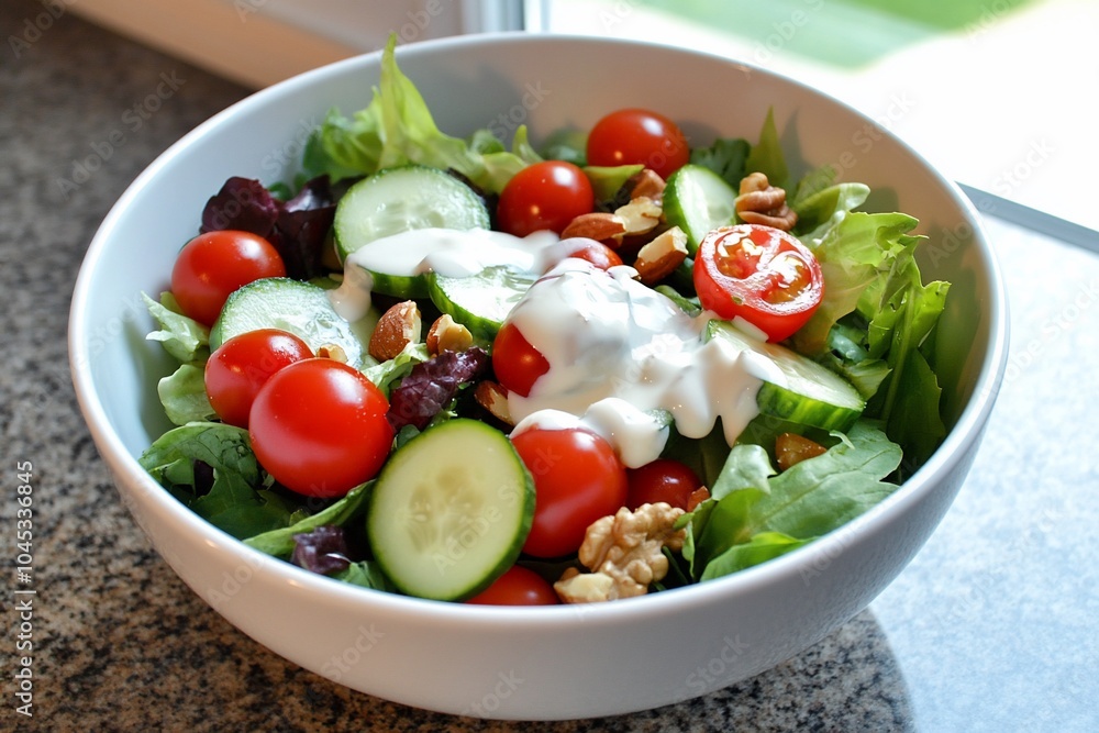 A fresh salad with greens, cherry tomatoes, cucumbers, and dressing. A fresh salad with greens, cherry tomatoes, cucumbers, and dressing.