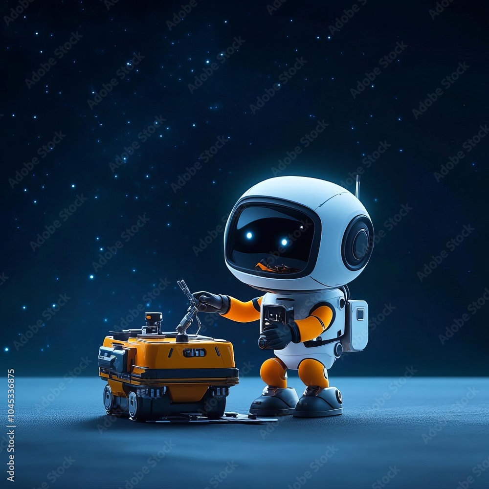 A small service robot helping to repair a starship in deep space A small service robot helping to repair a starship in deep space
