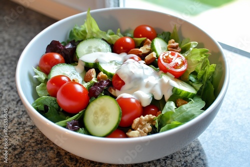 A fresh salad with greens, cherry tomatoes, cucumbers, and dressing.