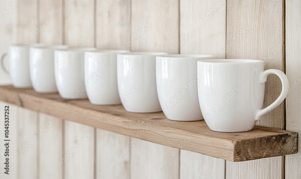 White coffee mugs hanging on a shelf in kitchen, shallow thin line of focus on one cup, clean bright natural light .
White coffee mugs hanging on a shelf in kitchen, shallow thin line of focus on one cup, clean bright natural light .