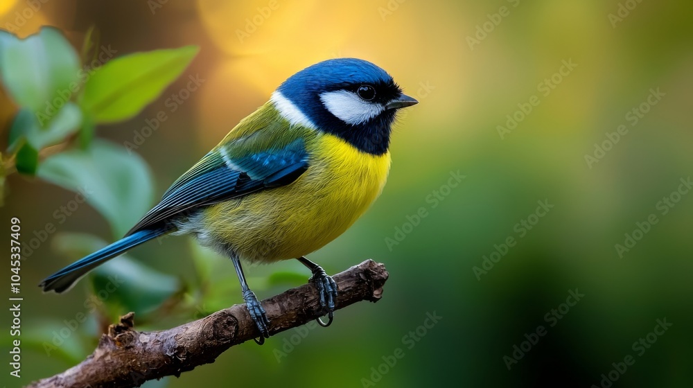 A vibrant bird with blue, yellow, and black plumage perched on a branch, set against a softly blurred green background. A vibrant bird with blue, yellow, and black plumage perched on a branch, set against a softly blurred green background.