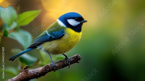 A vibrant bird with blue, yellow, and black plumage perched on a branch, set against a softly blurred green background.