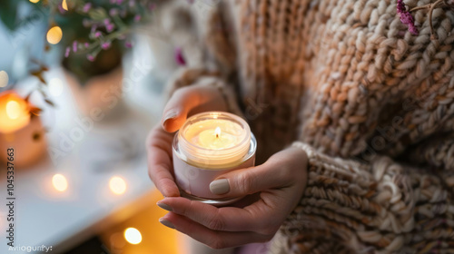 A mother applying stretch mark cream, promoting skin recovery in a cozy, serene setting photo