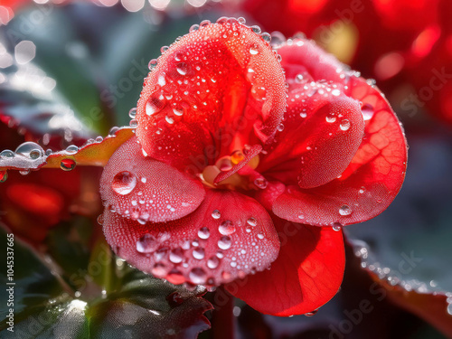 red flower with dew drops