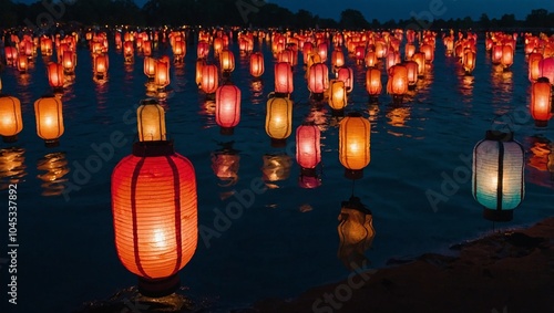 Glowing lanterns floating in the night sky, vibrant colors, Festival of Lights celebration Generative AI
 photo