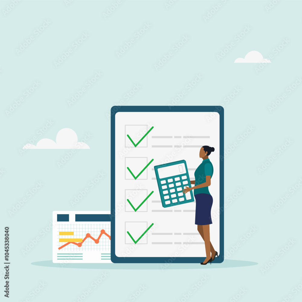 Accountant vector illustration. Jobs and professions concept. Character holding a calculator with checklist documents. Accounting and financial planning. Accountant vector illustration. Jobs and professions concept. Character holding a calculator with checklist documents. Accounting and financial planning.