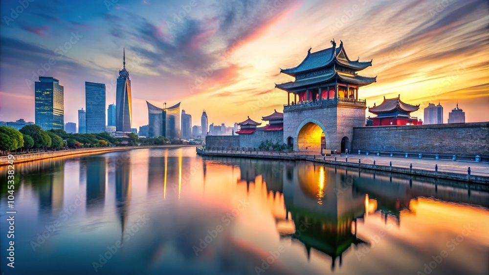 City skyline reflecting in a lake at dusk in Suzhou, China City skyline reflecting in a lake at dusk in Suzhou, China