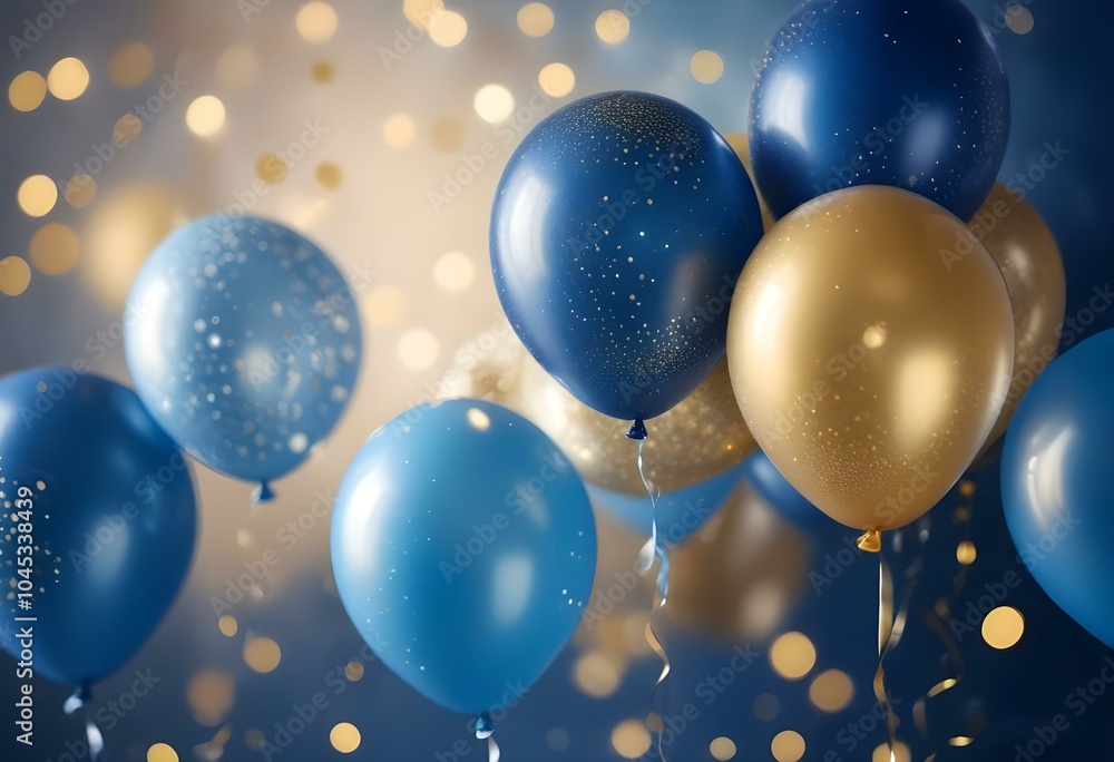 Glittery blue and gold balloons float against a blurred blue and white background with bokeh lights. Glittery blue and gold balloons float against a blurred blue and white background with bokeh lights.