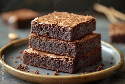 Close-up of fudgy brownies with a crackly top, stacked on a rustic plate