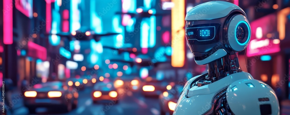 Futuristic robot detectives solving a mystery in a neon-lit city filled with flying cars Futuristic robot detectives solving a mystery in a neon-lit city filled with flying cars
